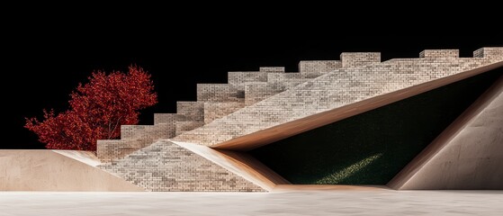 Modern Brick Architecture  Geometric Design   Concrete Walls  Landscaping  Autumn Tree