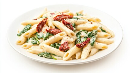 A plate of creamy sun-dried tomato and spinach pasta with penne, sun-dried tomatoes, spinach