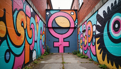 Colorful street mural with feminist symbols in urban alleyway