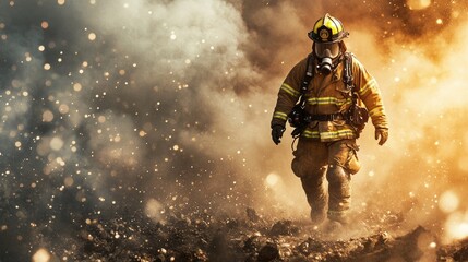 Fototapeta premium Brave firefighter navigating through smoke and debris