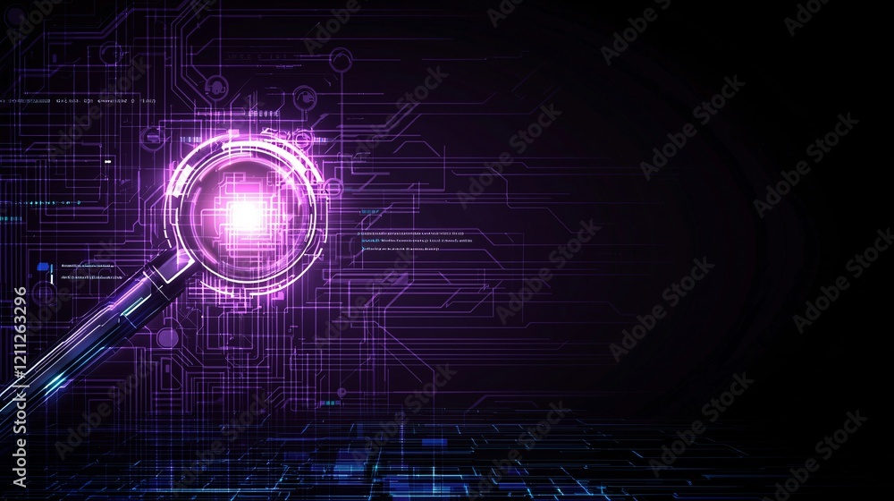 Poster information communication retrieval, futuristic ai search systems, glowing search bar interface, vas