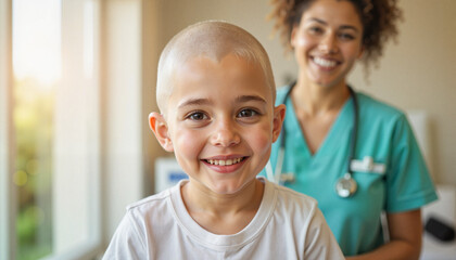 Smiling boy with shaved head and nurse in medical setting