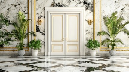 Fototapeta premium Elegant White Doorway with Marble Walls and Plants