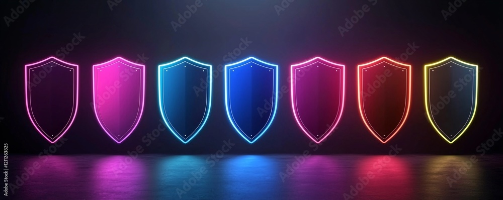 Poster information communication security, cyber-defense systems in action, glowing shield designs, advance