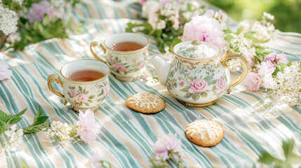 Fototapeta premium Picnic blanket with tea featuring a floral vintage teapot, two cups of tea, cookies, and blooming flowers on a striped blanket in a garden