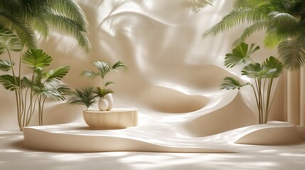 Obraz premium Minimalist Beige Scene With Tropical Plants And Vases