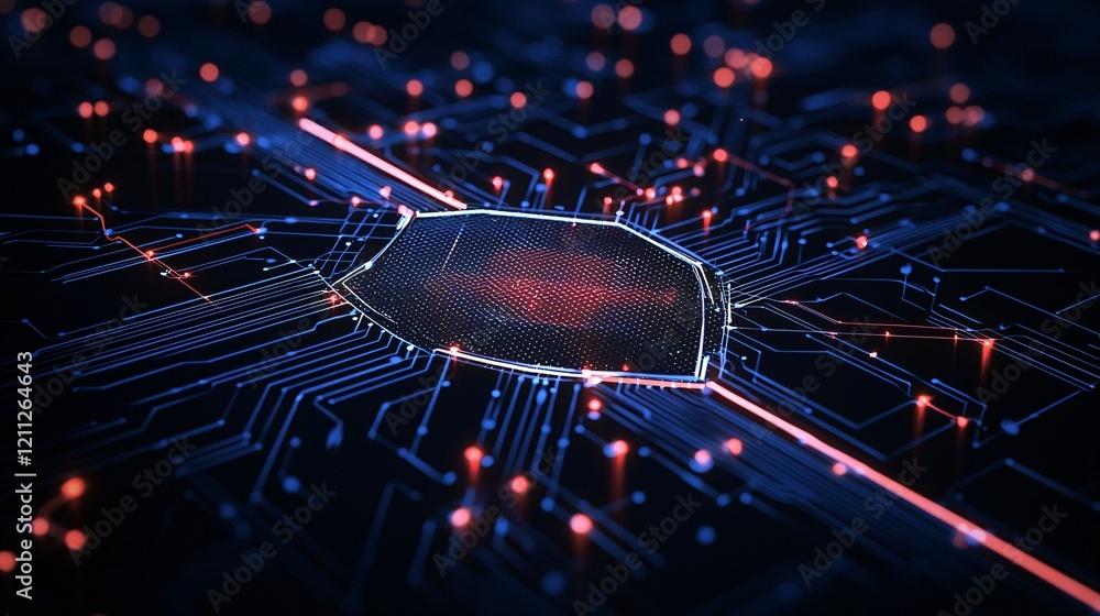 Poster information communication privacy, abstract glowing shield graphics, secure data visualization, dark