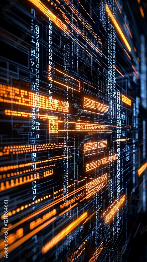 Poster information communication processing, futuristic ai data pipelines, glowing lines and grids, seamles