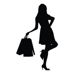 silhouette of female model shopping, carrying shopping bags, logo, vector illustration on white background.