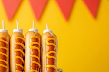 Vibrant Fair Aesthetic Golden Corn Dogs with Zesty Mustard and Ketchup in Bright Festival Setting - National Corn Dog Day and Spring Carnival Celebration for Festive Event Marketing