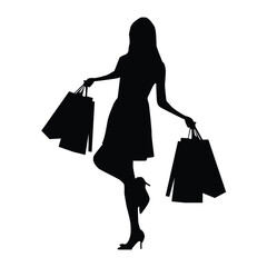 silhouette of female model shopping, carrying shopping bags, logo, vector illustration on white background.