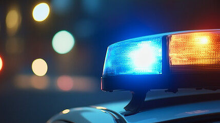 Nighttime Police Car Chase with Foggy Background, 911 Emergency Response Vehicle Speeding to Crime Scene, Selective Focus on Pursuit