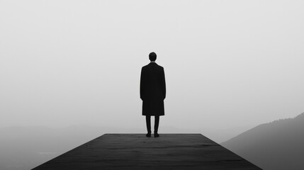 Solitary Figure Contemplating Vast Misty Landscape