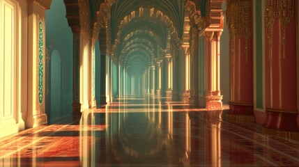 Fototapeta premium Magnificent Palace Hallway: A Digital Rendering of Opulent Architecture