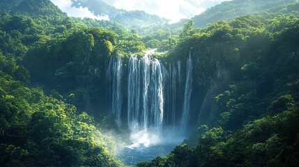 Fototapeta premium Aerial view of a jungle waterfall, powerful and lush nature scene 