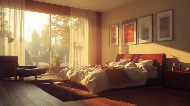 modern, middle class bedroom, morning light, Pot plant on window