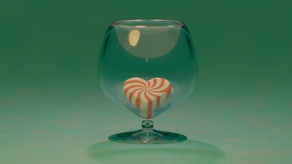 A heart-shaped red and white striped candy inside a transparent glass placed on a flat green surface