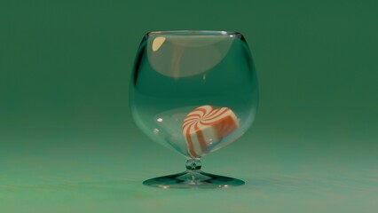 A glass with red and white striped heart-shaped candies on a green background