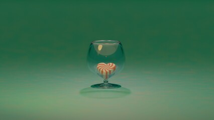 Heart-shaped candies with red and white stripes arranged next to an empty glass