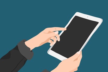Social media addiction background, hand holding tablet