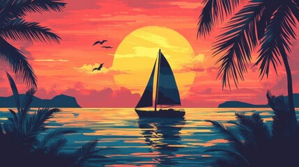 Sailboat at Sunset Tropical Ocean Paradise