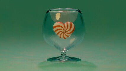 Glass with colorful red and white striped heart candy in a simple setting