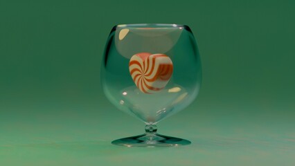 A glass contains a single piece of red and white striped heart candy with others arranged outside