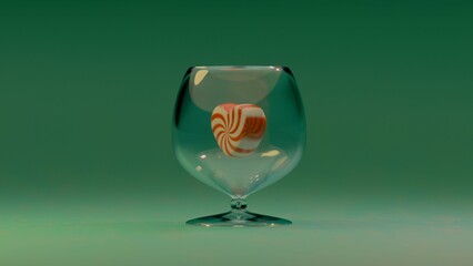 A minimalist composition of heart-shaped candies and glass