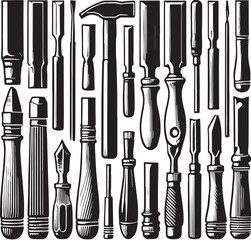 Black Color Chisel Set Silhouette Vector Illustration, Solid White Background. minimal vector design