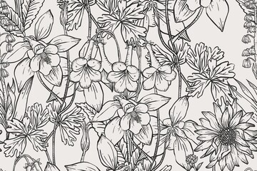 Fototapeta premium Floral line art social media banner, black and white hand drawn design