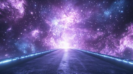 Fototapeta premium Starry galaxy view spanning the sky above a narrow road leading into a glowing distance.