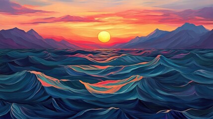 Sunset-kissed ocean waves rolling with colorful reflections, framed by silhouetted mountain peaks.