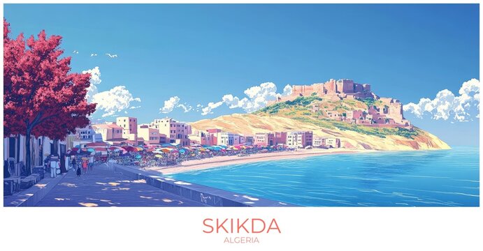 Skikda Algeria Travel Poster Flat Illustration Print Decor Gift Canvas Wall Art