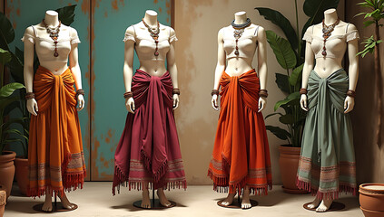 A mannequin wearing a boho-inspired dhoti skirt paired with a crop top, styled with statement jewelry, and displayed against an earthy, bohemian backdrop.

