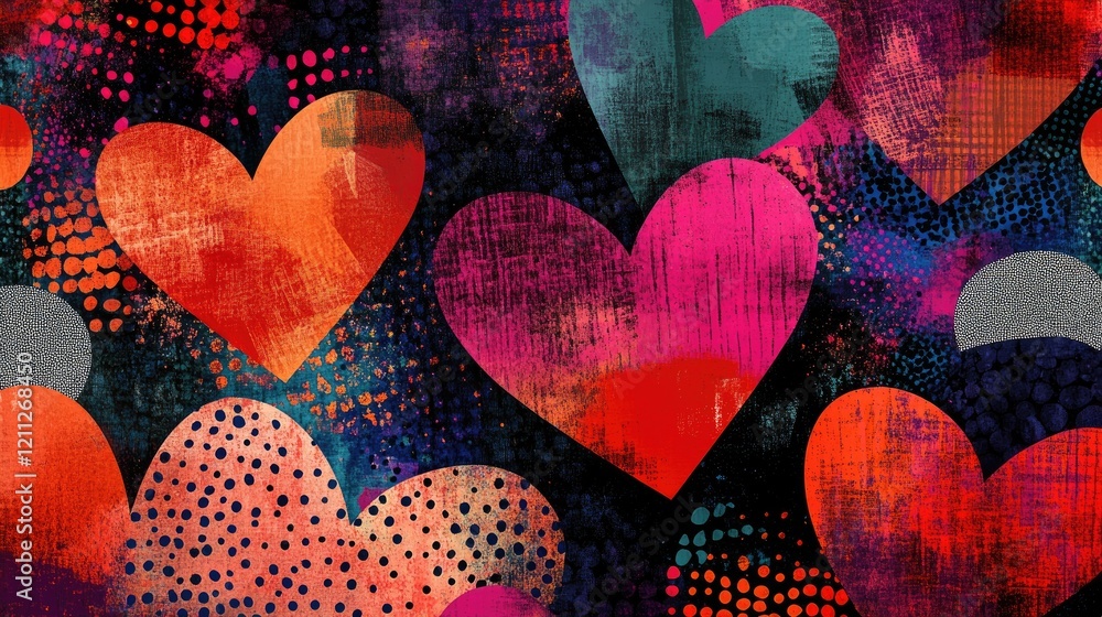 Poster textured hearts and vibrant dot patterns forming a modern, dynamic design background.
