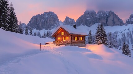 Fototapeta premium A cozy cabin in the snowy mountains at dusk, inviting and warm winter scene 