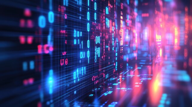 Abstract Digital Data Stream: Neon Binary Code Visualization