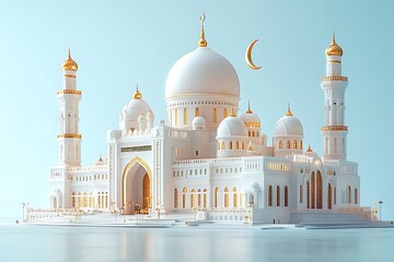 Obraz premium Islamic decoration background for Ramadan with lantern and mosque 3D rendering. 3D Illustration