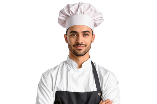 Portrait of a smiling handsome chef with a hat, isolated on white background