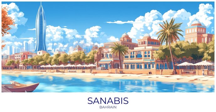 Sanabis Bahrain Travel Poster Flat Illustration Print Decor Gift Canvas Wall Art