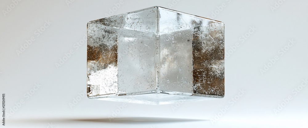 Poster Translucent ice cube with a frosted texture on a white background.