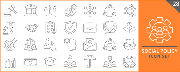 Social Policy web icons. Education, government, welfare, reforms, medicine, collection. Vector illustration.