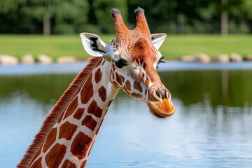 Obraz premium A majestic giraffe stands near a serene body of water, surrounded by lush greenery, showcasing its distinctive long neck and patterned coat.