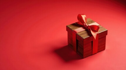 A Beautifully Wrapped Wooden Gift Box with a Red Ribbon on Red Background