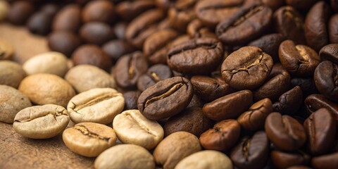 Naklejka premium Coffee Beans Transformation: A close-up shot showcasing the captivating transition of coffee beans from their raw, green state to their rich, dark roasted form.