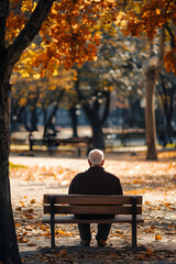 Elderly Man Reflecting On Memories in a Tranquil Autumn Park Environment