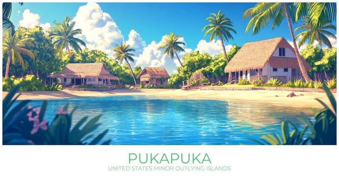 Pukapuka United states minor outlying islands Travel Poster Flat Illustration Print Decor Gift Canvas Wall Art