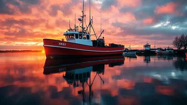 Vibrant Sunset over Calm Water with Red Fishing Boat and Reflection