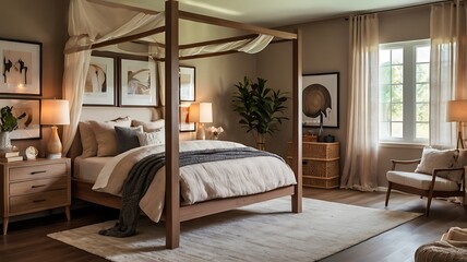 Cozy bedroom with warm lighting, a canopy bed, and textured bedding in neutral tones.