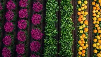 Aerial View of Colorful Crops in Rows Farmland Pattern
